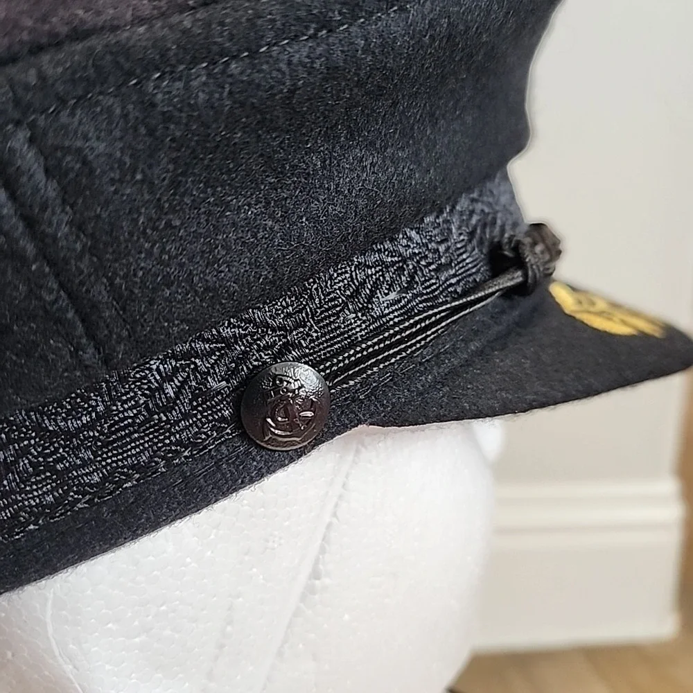 Vintage‎ RARE Aegean Greek Fishermans Captain Cap Black Wool Greece Costume Prop